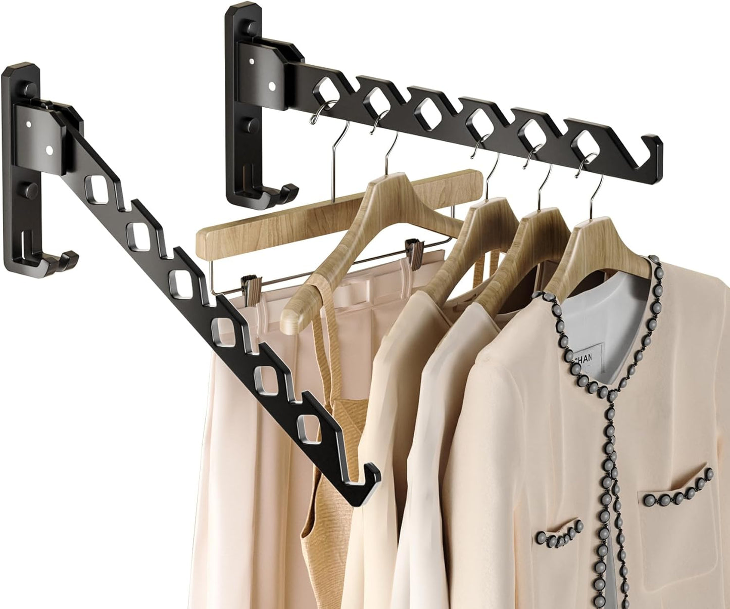 Dr.DJ Wall Mount Coat Hanger Holder Black Clothes Drying Organizer Rack Garment Hooks Aluminium Retractable Folding Indoor Wall Mounted Hanger Space Saver for Laundry Room Bedroom Black 2Pack