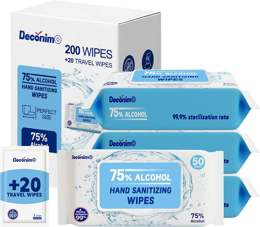Advanced Large 75% Alcohol Hand Sanitizing Wipes, 4 Packs of 50 (200 Wipes) - Plus 20 Travel Packs - (Each Wipe Size 6" x 8")