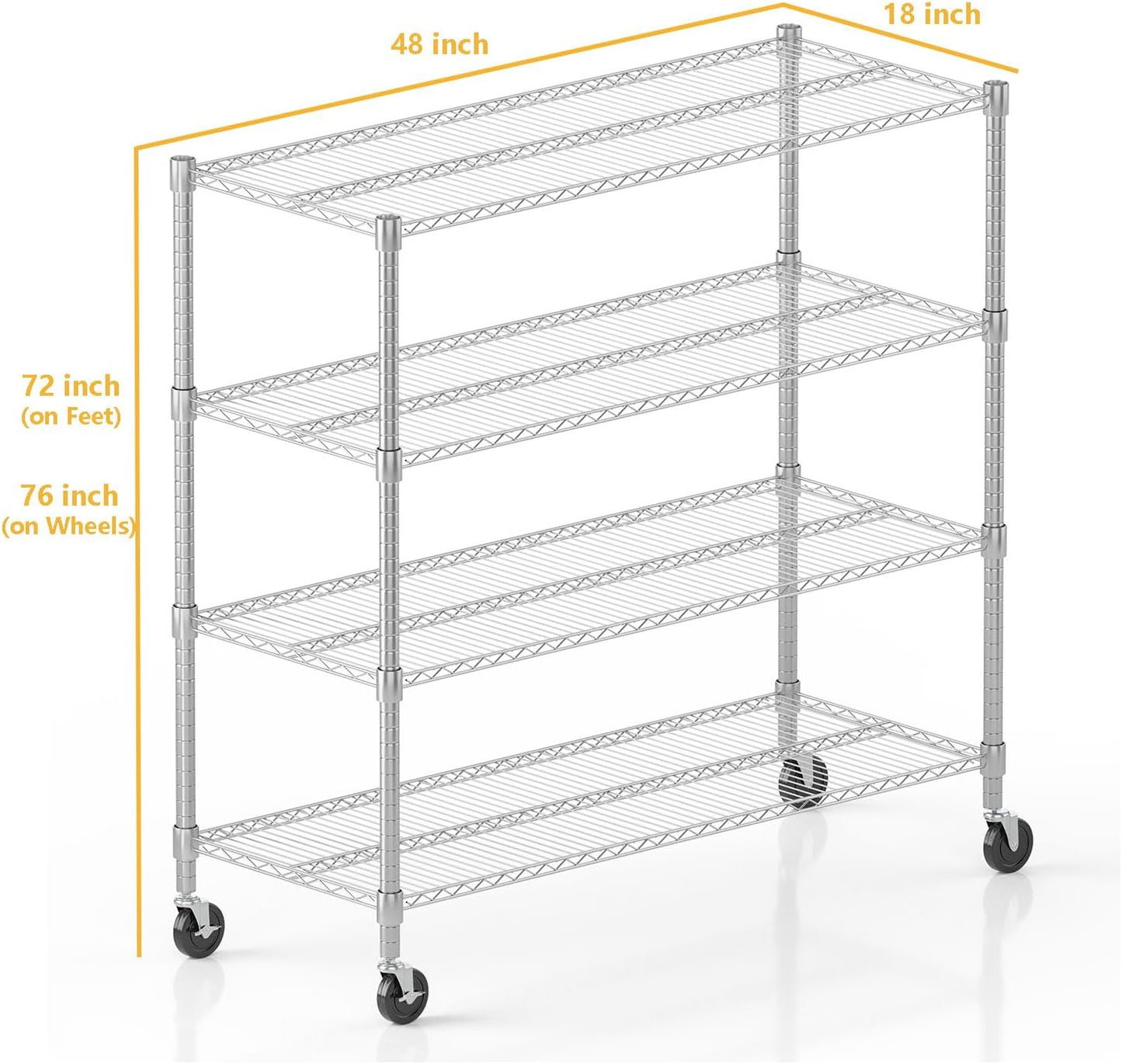 Himimi 72" H Storage Shelves 4 Tier Metal Shelving Adjustable Wire Shelf with Wheels, Heavy Duty Shelving for Garage Kitchen Pantry Bathroom Laundry,18" D*48" W*72" H, Silver