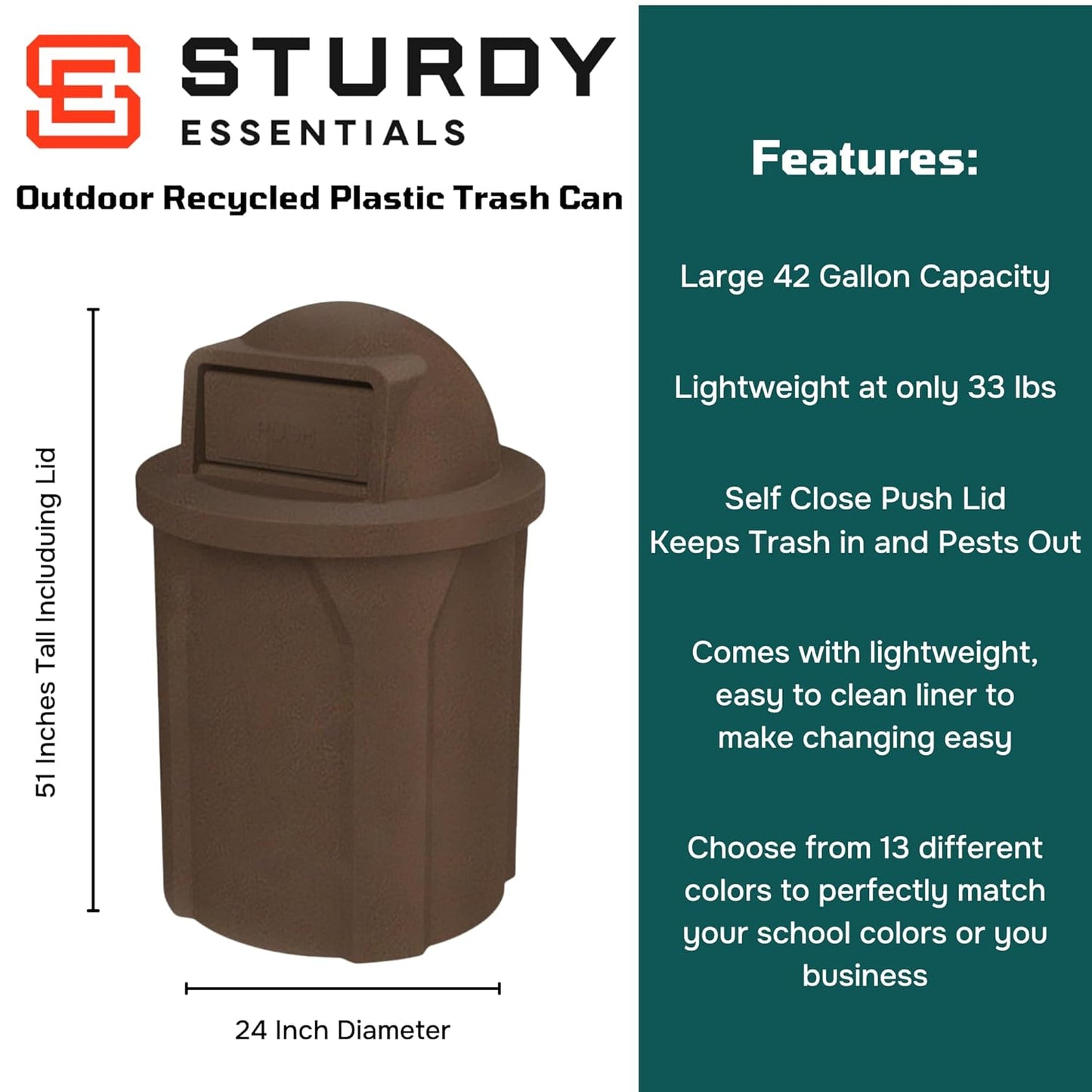 42 Gallon Circle 100% Recycled Plastic Heavy Duty Outdoor Commercial Trash Can with Push Open Dome Lid and Internal Liner - Great for Schools and Businesses - Brown Granite