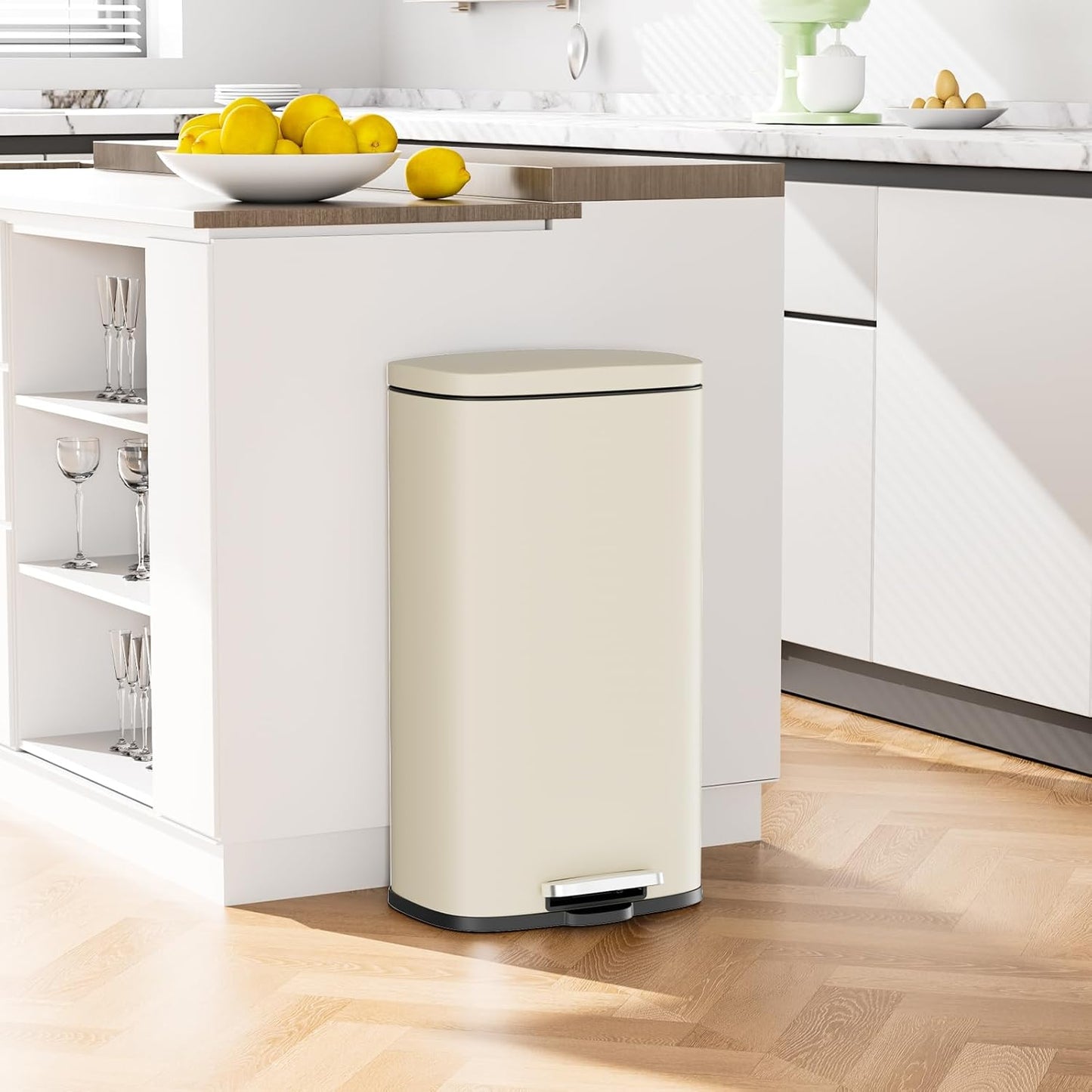 Arlopu 13.2+1.3 Gallon Step Trash Can, Stainless Steel Garbage Bin, Soft-Close Rubbish Bin with Removable Plastic Inner Bucket, Fingerprint-Proof, Lid Dustbin, for Kitchen Home (Beige)