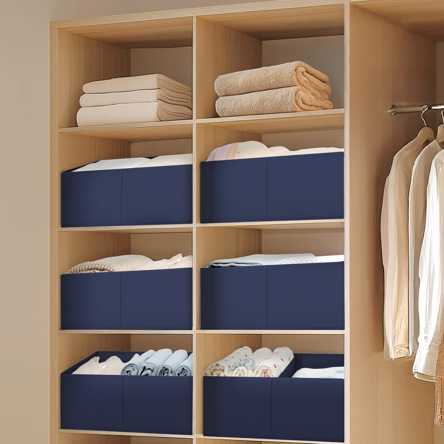 DIMJ Large Closet Shelf Organizer Bins 4 Packs with Handles and Divider, Fabric Trapezoid Storage Baskets, Foldable Clothes Containers Box for Shelf, Towel, Book, Toy, Purse, Hats, Navy Blue