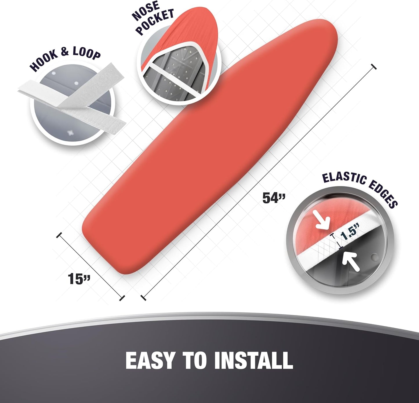 Extra Thick Ironing Board Covers with Pad Standard Size 15x54, Heat Reflective Full Scorch Resistant Padding, Snug Fit Non-Slip Nose Pocket Fastener Straps Elastic Edges, Orange