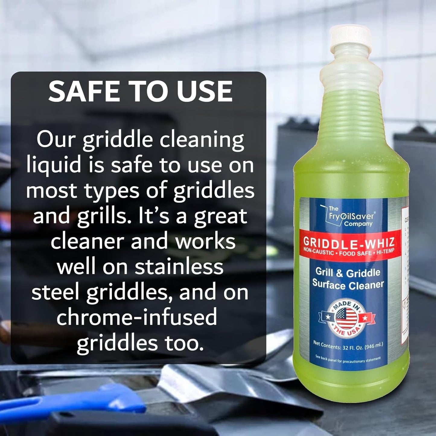Griddle-Whiz Grill & Griddle Cleaner | Removes Grease, Food Residue, Burnt On Organics | Non-Toxic High Heat Flat Top Grill Cleaner & Food Contact Surface | Non-Caustic Formula by FryOilSaver (32oz)