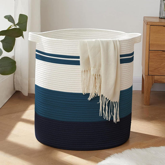 OIAHOMY 80L Laundry Baskets Hamper with Handles,Decorative Basket for Living room,Woven Storage Basket for Toys Bin,Pillows, Blankets,Clothes-20x18in-Gradient Blue