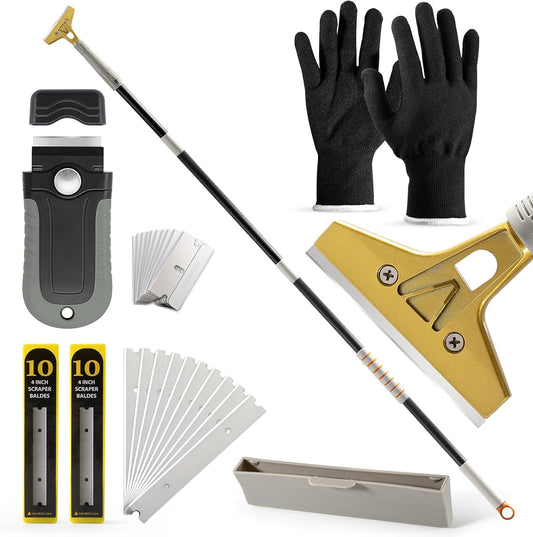 Gomake 4" Wide Razor Blade Scraper Tool with Adjustable 16''-58"(1.3ft -4.8ft) Long Handle, 20PCS Extra Metal Blades, Cleaning Glass Wall Scraper, Painting stripping tools, Tile, Floors, Walls