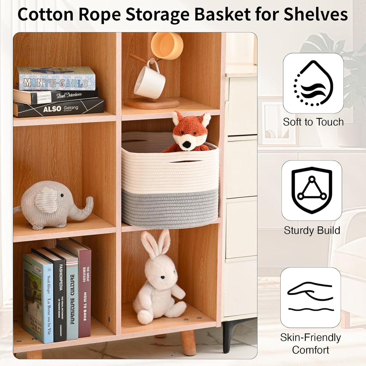 Woven Cotton Rope Storage Basket for Organizing, Cute Decorative Baskets for Gifts Empty, Organizer Bins for Dog Toy, Baby Laundry, 15“×11”×9.5“, Off White & Grey