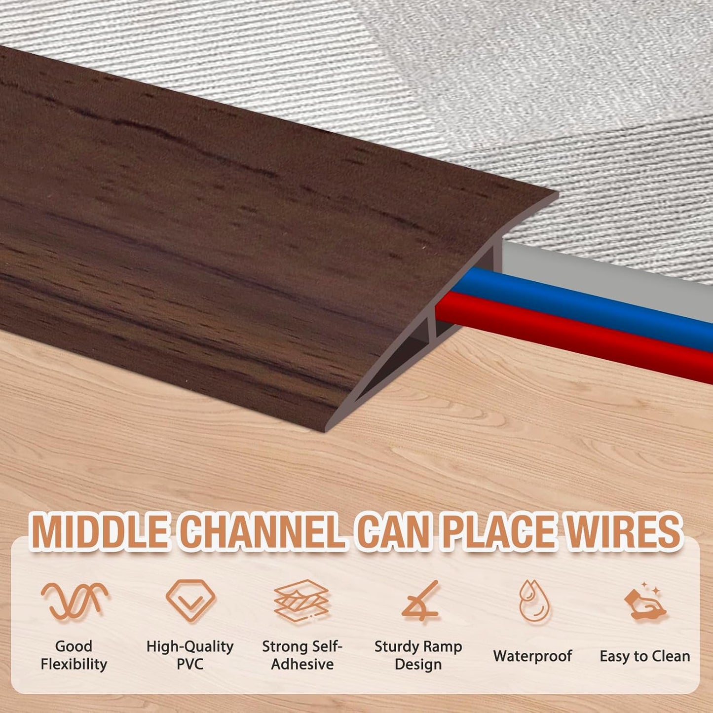 Floor Transition Strip Self Adhesive Vinyl Door Threshold for Doorways Carpet Edging Trim Overlap Edge Reducer for Laminate Floor, Carpet, Tile (Deep Brown Wood Grain, 2/5" to 3/5", 6.6Ft)