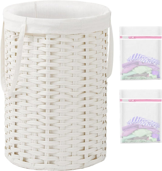 Laundry Hamper Laundry Basket Round 19.0 Gal (72 L) Handwoven Rattan Laundry Basket, Large Wicker Laundry Hamper with Removable Laundry Bag Handles 2 Mesh Bags for Bedroom Living Room White