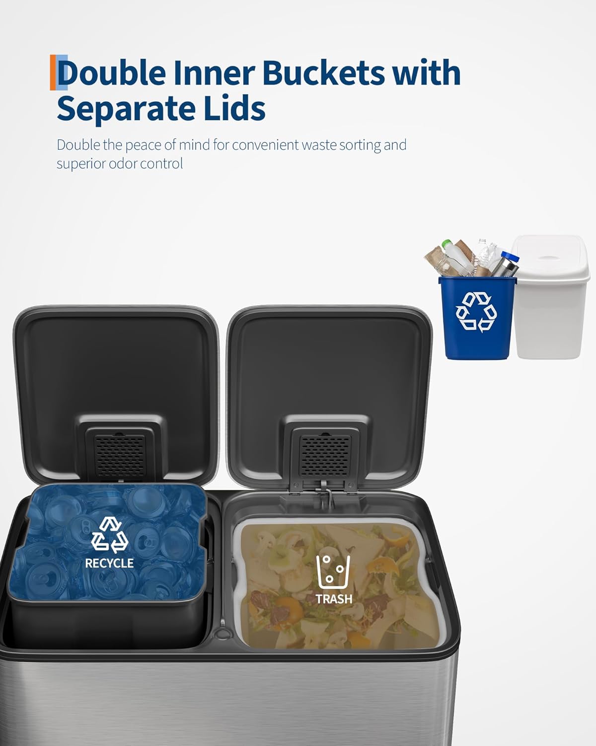 GarveeHome 2 x 10.6 gal Stainless Steel Double Trash Can with Lid for Kitchen, Large Dual Trash and Recycle Bin Combo, Step-on Kitchen Metal Garbage Cans, PP Inner Buckets, Liner Rim, Silver