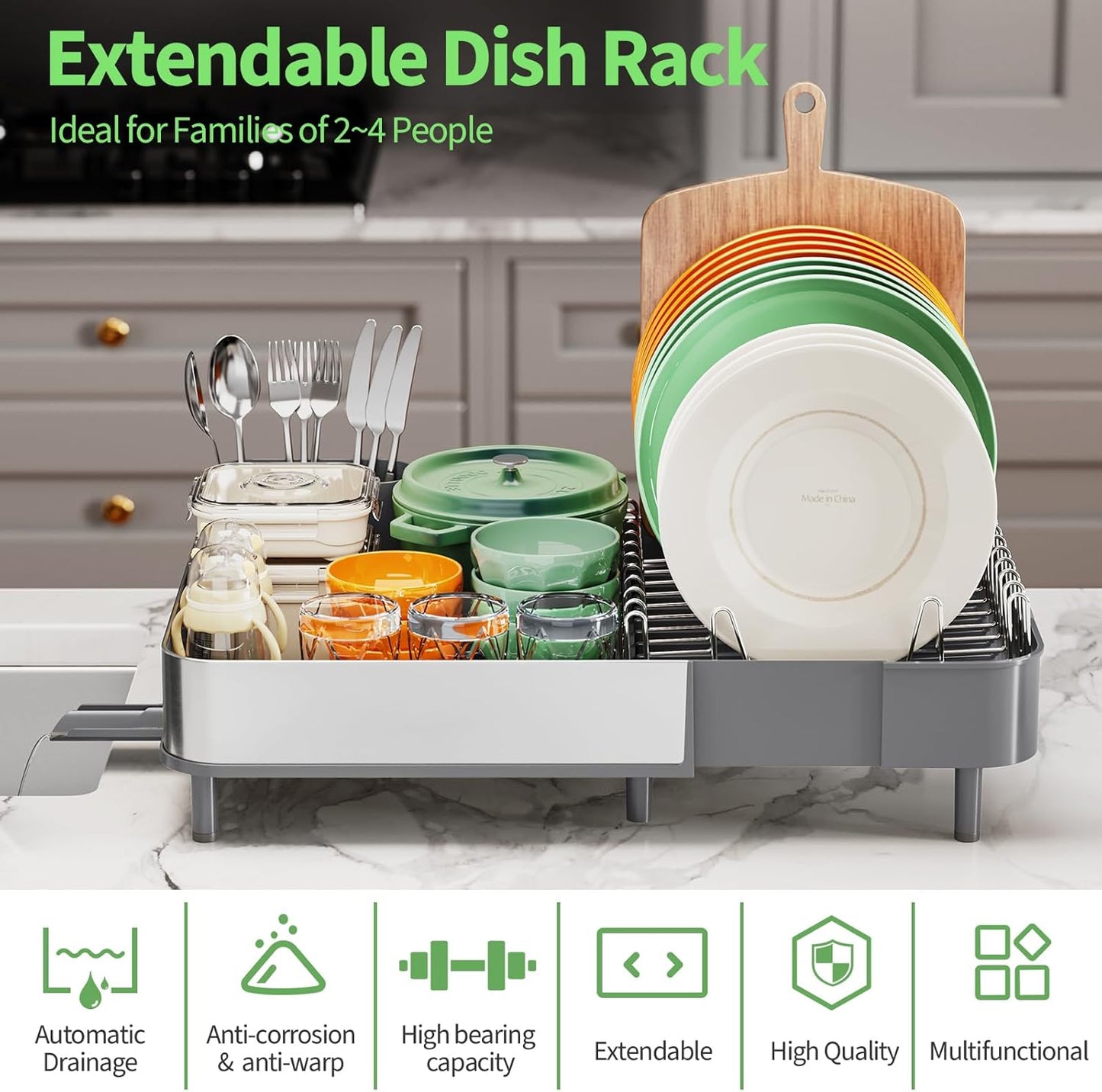 Dish Drying Rack for Kitchen Counter, 304 Stainless Steel Dish Rack, Expandable Dish Drainer, Foldable Dish Strainer, Extendable Dish Drainer Rack with Cutlery Holder, Kitchen Plate Rack
