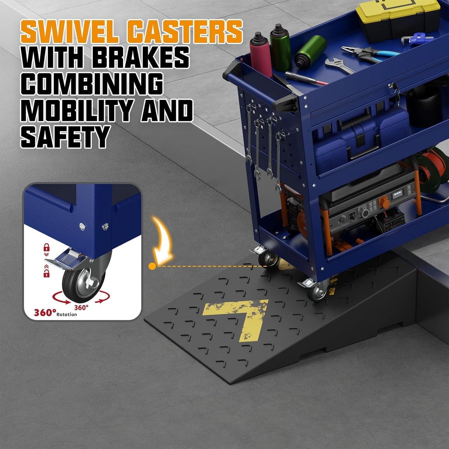3 Tier Rolling Tool Cart with Drawers, 450 LBS Capacity Tool Cart on Wheels, Heavy Duty Rolling Utility Cart with Drawers, Rolling Utility Carts for Garage, Warehouse and Repair Shop,Blue