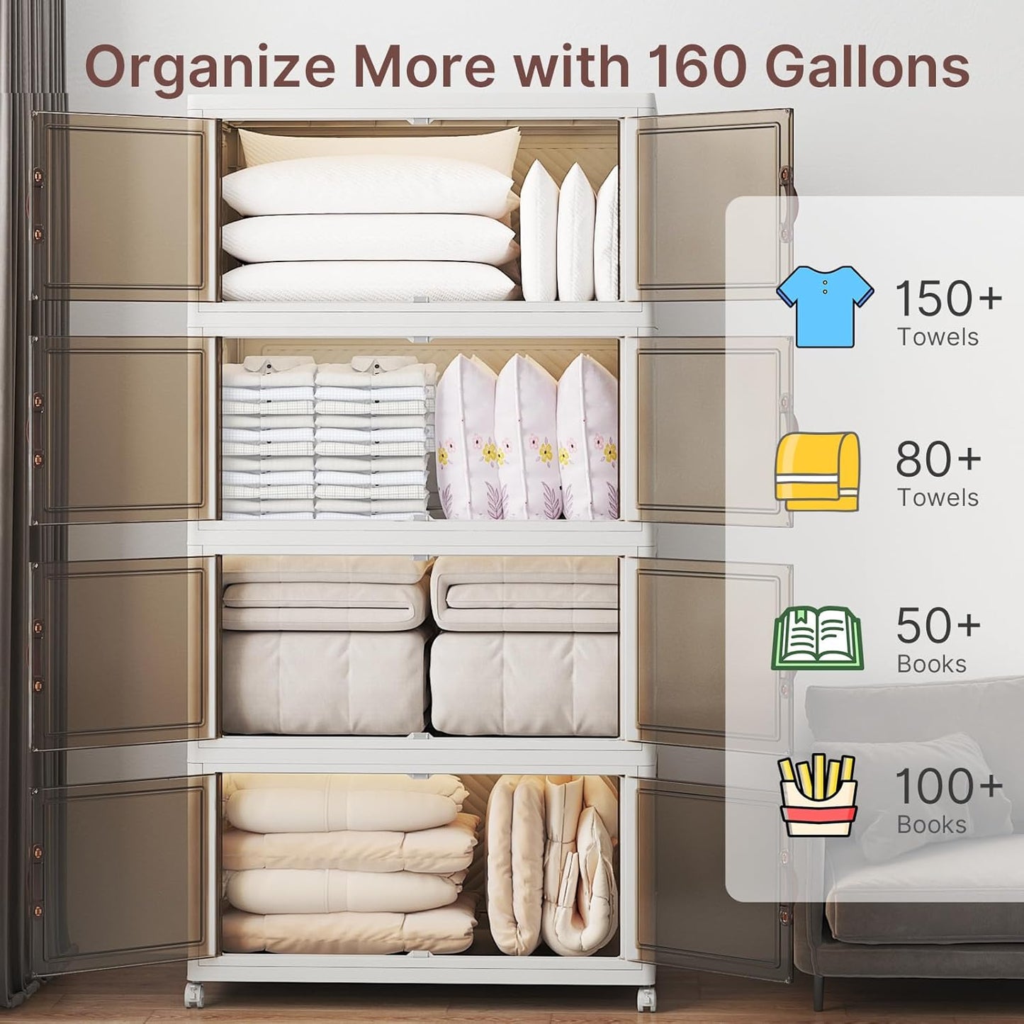 Extra Large Stackable Storage Bins with Lids & Wheels & Door, 660QT-165QT/41GAL*4Pack Foldable Collapsible Closet Organizers, Plastic Containers Drawers for Bedroom Dorm Garage