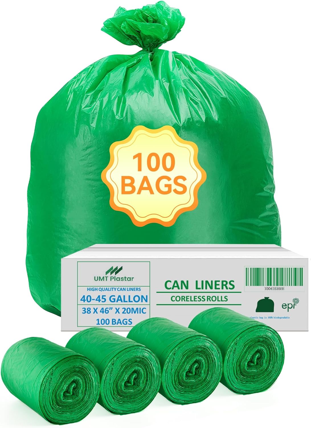 100 Count 100% Biodegradable and Compostable Trash Bags, 40-45 Gallon, 20 Microns, 38x46 Inches, Green Eco-Friendly