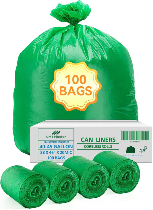 100 Count 100% Biodegradable and Compostable Trash Bags, 40-45 Gallon, 20 Microns, 38x46 Inches, Green Eco-Friendly