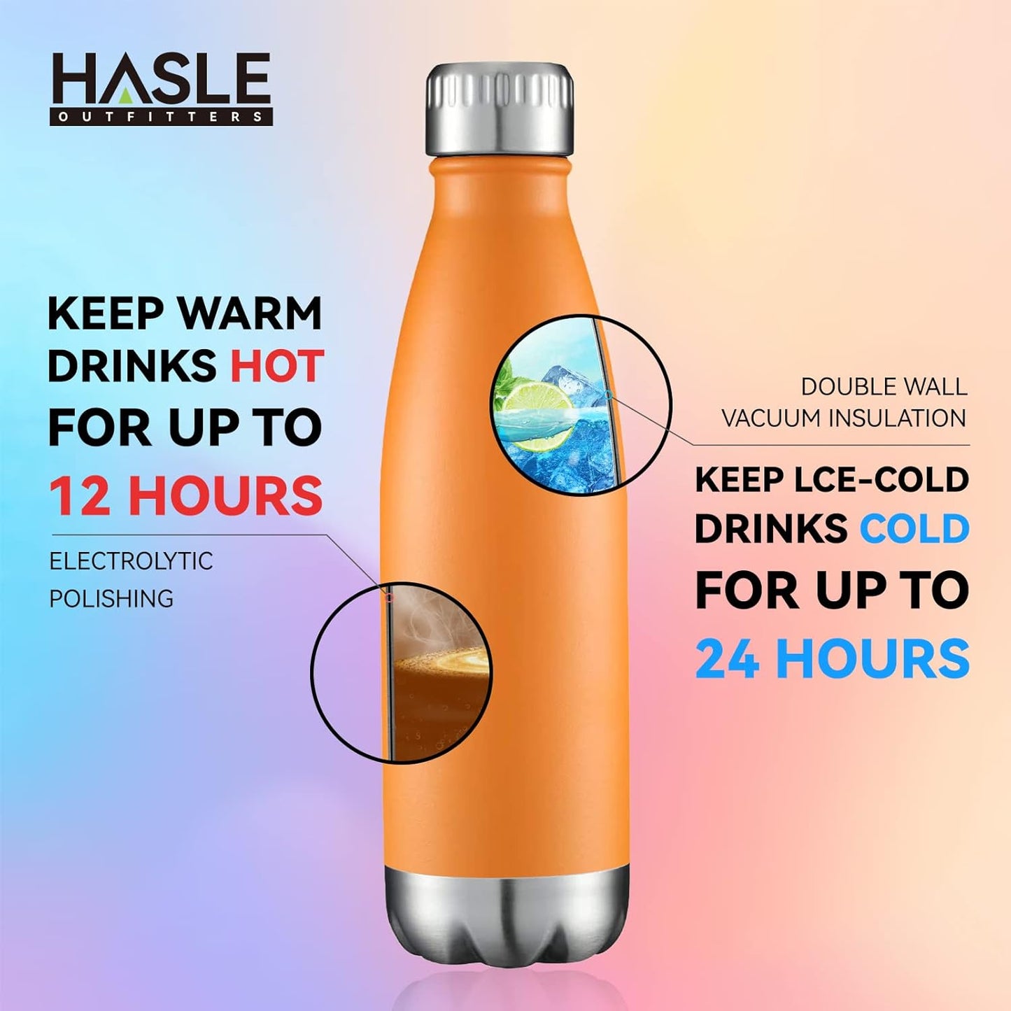 HASLE OUTFITTERS 17oz Stainless Steel Water Bottles Bulk, Vacuum Insulated Water Bottles Double Walled Powder Coated Reusable Metal Sports Water Bottles Keep Drinks Hot and Cold, Orange, 8Packs