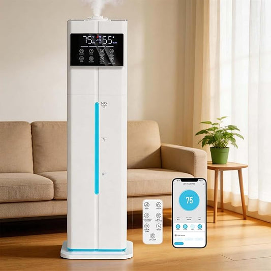 9L/2.4Gal Smart Cool Mist Humidifier, Top Fill Quiet Humidifier Large Room, Covers 550ft², App & Remote Control, 60H Runtime, 7 Colors Light, 4 Mist Modes Humidifiers for Bedroom, Office, White