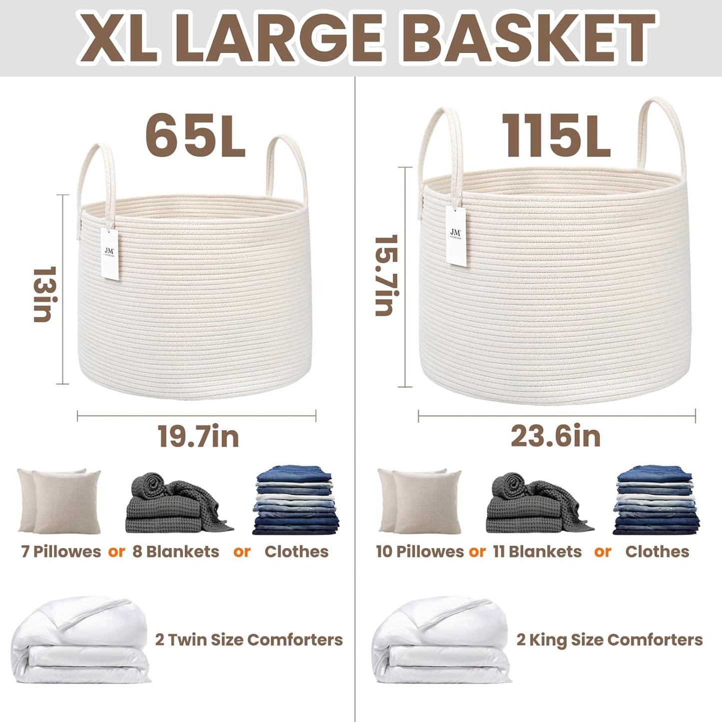 Woven Blanket Basket,115L Large Rope Storage Bin with Handles, Organizer for Blankets Toys Book and Clothes, Laundry Basket for Living Room Bedroom Nursery,White