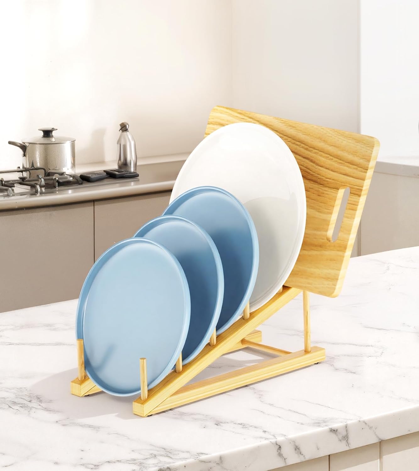 Bamboo Dish Drying Rack, 5 Slots Kitchen Organizer Craft Show Display Stand for Holds Plates, Bowls Cups, Cutting Boards, Pot Lids, Canvas, Books, Records, Artwork and Magazine