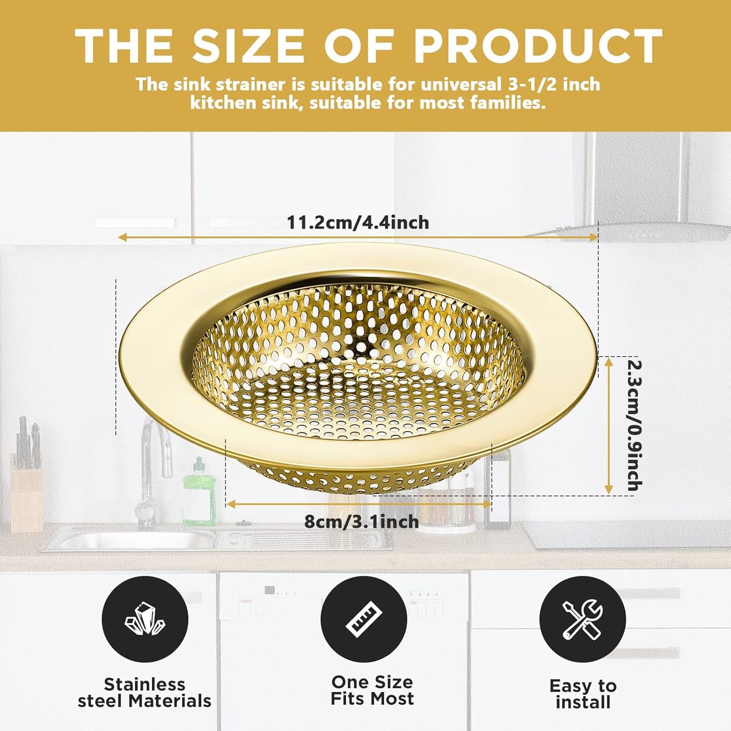 Retisee 2 Pcs Sink Strainer Stainless Steel Kitchen Sink Drain Strainer Basket Cover Mesh Hair Food Catcher, Large Wide Rim of 4.4 Diameter(Gold)