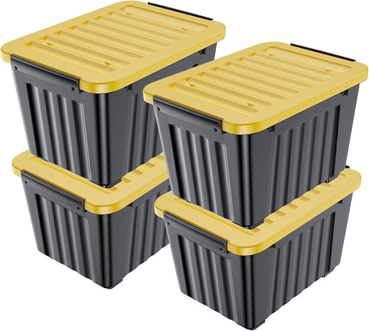 Nazhura 97 Quart Plastic Storage Bin, Stackable and Nestable Storage Boxes with Yellow Lids and Secure Latching Buckles, Large Storage Container (Black/Yellow, 97Quart-4Pack)