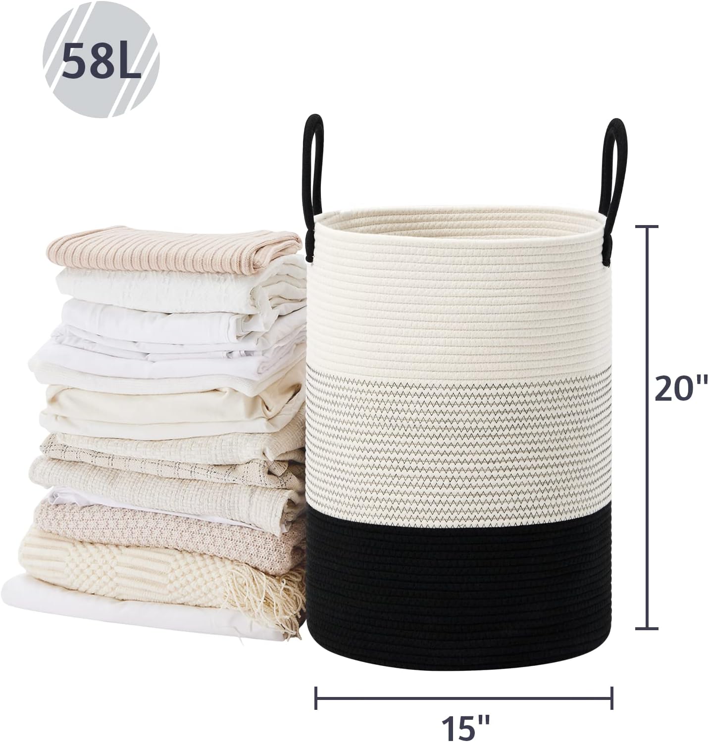 VIPOSCO Large Laundry Hamper, Tall Woven Rope Storage Basket for Blanket, Toys, Dirty Clothes in Living Room, Bathroom, Bedroom - 58L White & Black