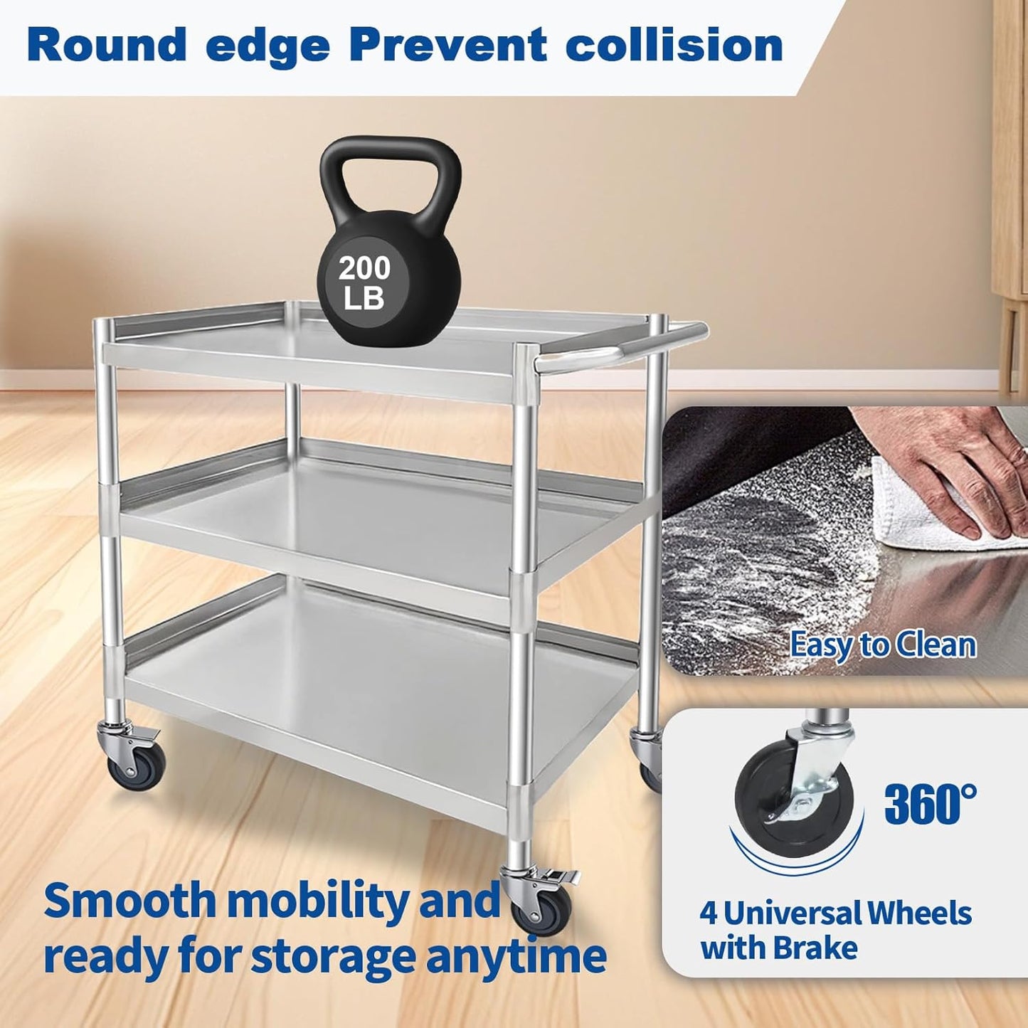 3-Shelf Stainless Steel Rolling Utility Cart - Heavy-Duty Metal Mobile Storage with Handle & Locking Wheels - Ideal for Kitchen, Medical, Lab, Restaurant & Home Use (19''x31''x34'')