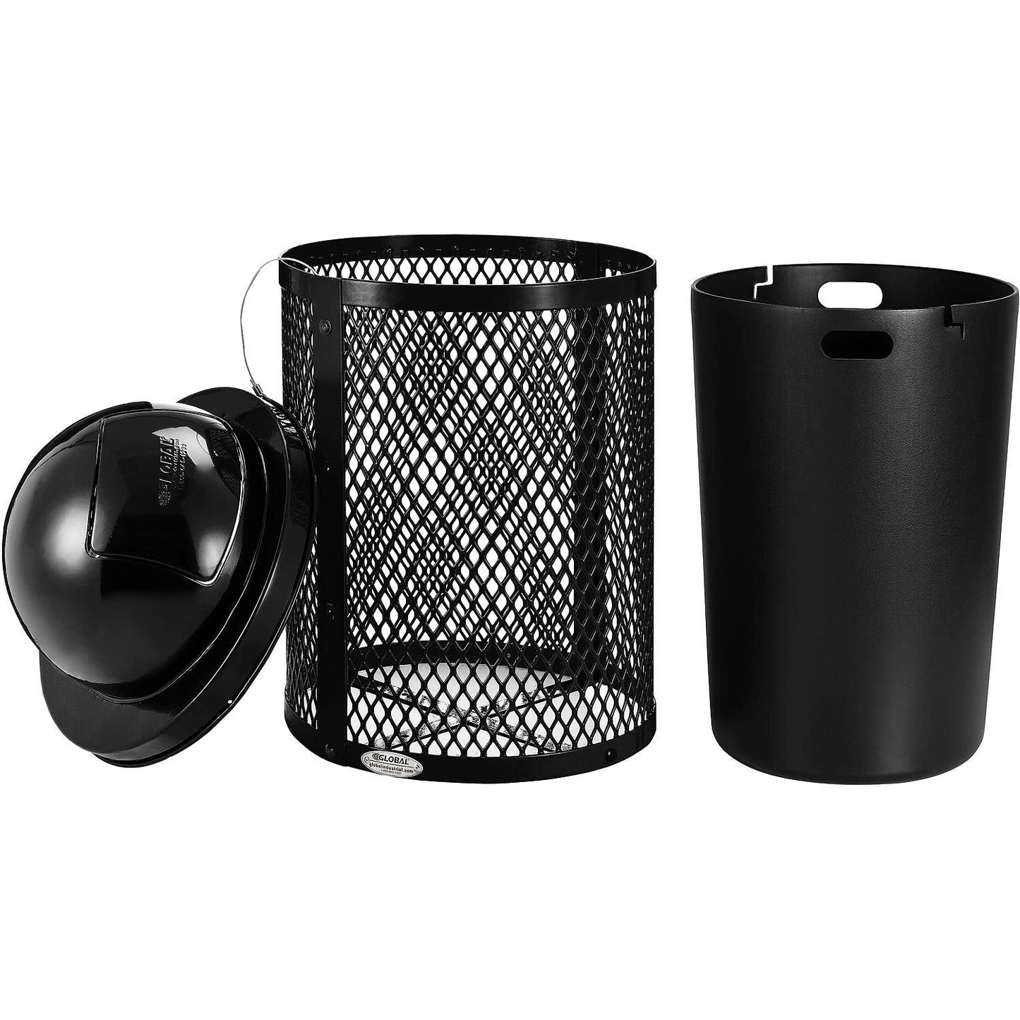 Global Industrial 36 Gallon Outdoor Steel Trash Can with Dome Lid, Plastic Liner and Anchor Kit Included, 23-1/2" Diameter x 40" H, Powder Coat Finish, Unassembled, Black