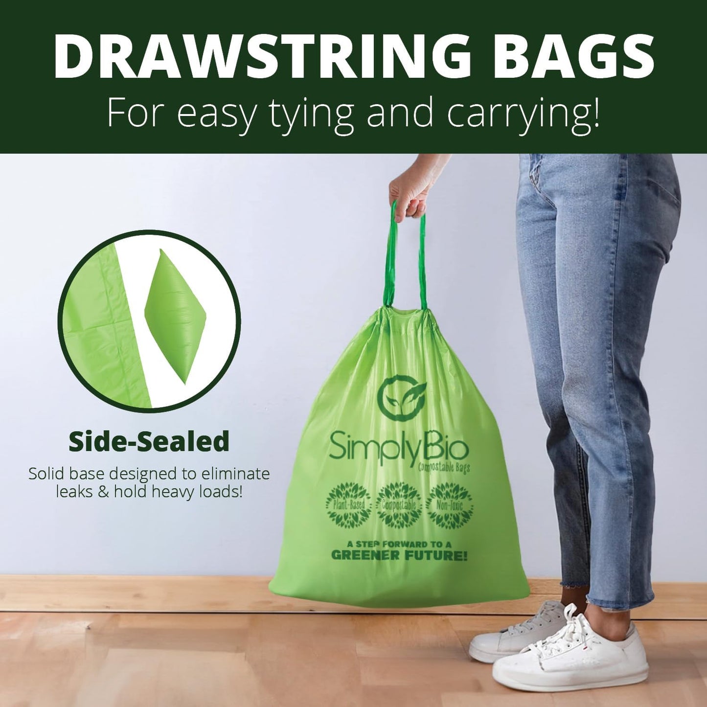 Simply Bio 13 Gallon Compostable Trash Bags Liners Drawstring, Heavy Duty Extra Thick 1 Mil, 49.21 Liter, 30 Bags, Tall Kitchen Food Scrap Waste Bag, ASTM D6400, US BPI and OK Compost Home Certified