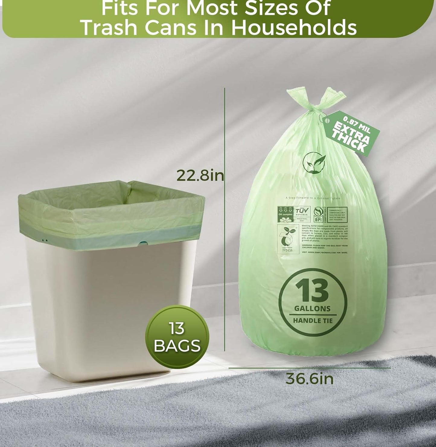 13 Gallon Compostable Trash Bags with Handle-Tie, Thick 0.87 Mil, 49.21 Liter, 30 Bags, Tall Kitchen Food Scrap Waste Bag, ASTM D6400, US BPI and OK Compost Home Certified