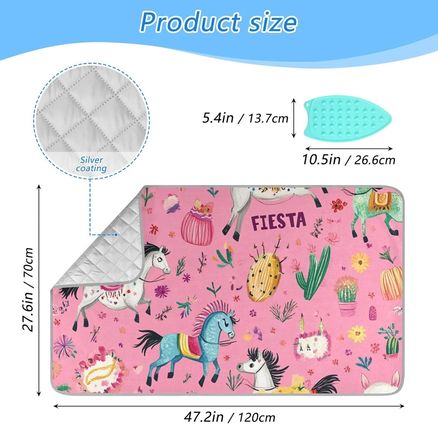 Ironing Mat Portable Ironing Pad Ironing Blanket for Table Top Heat Resistance Double-Side Using Travel Large 47.2 x 27.6 Inch Foldable Lightweight Pink Fiesta Horses Cacti Skulls