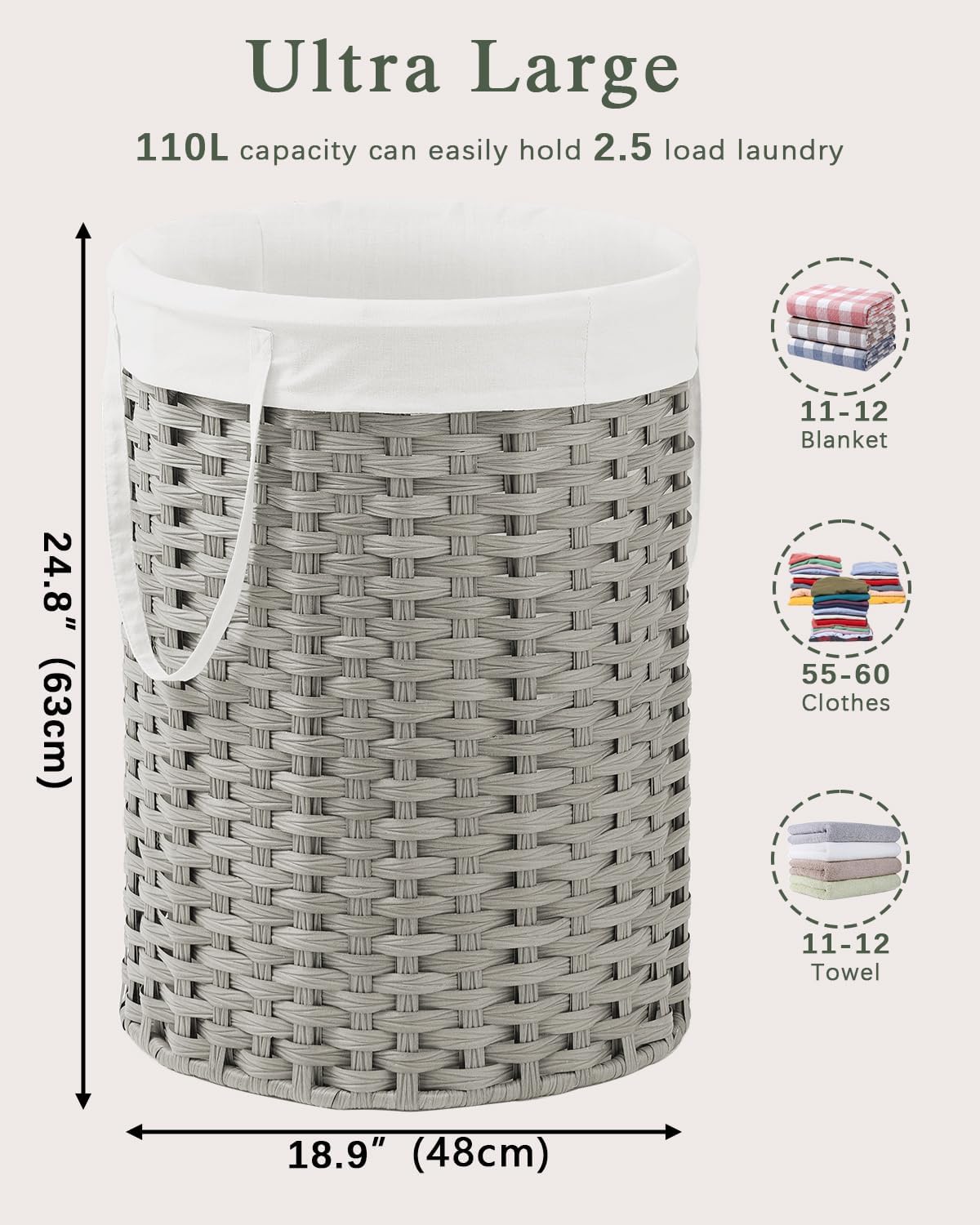 Laundry Basket Round Rattan Laundry Hamper 29.1 Gal (110 L) Handwoven Large Wicker Basket with Handles, Wicker Hamper with Removable Bags and 2 Mesh Bags for Bathroom Living Room Gray