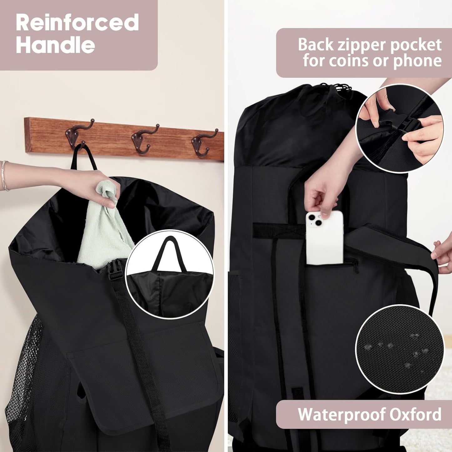 Laundry Backpack Bag, 132L Extra Large Heavy Duty Laundry Backpack for College Dorm Essentials, Laundry Hamper Travel Bag with Shoulder Straps and Mesh Wash Bags for Laundromat, Apartment Black