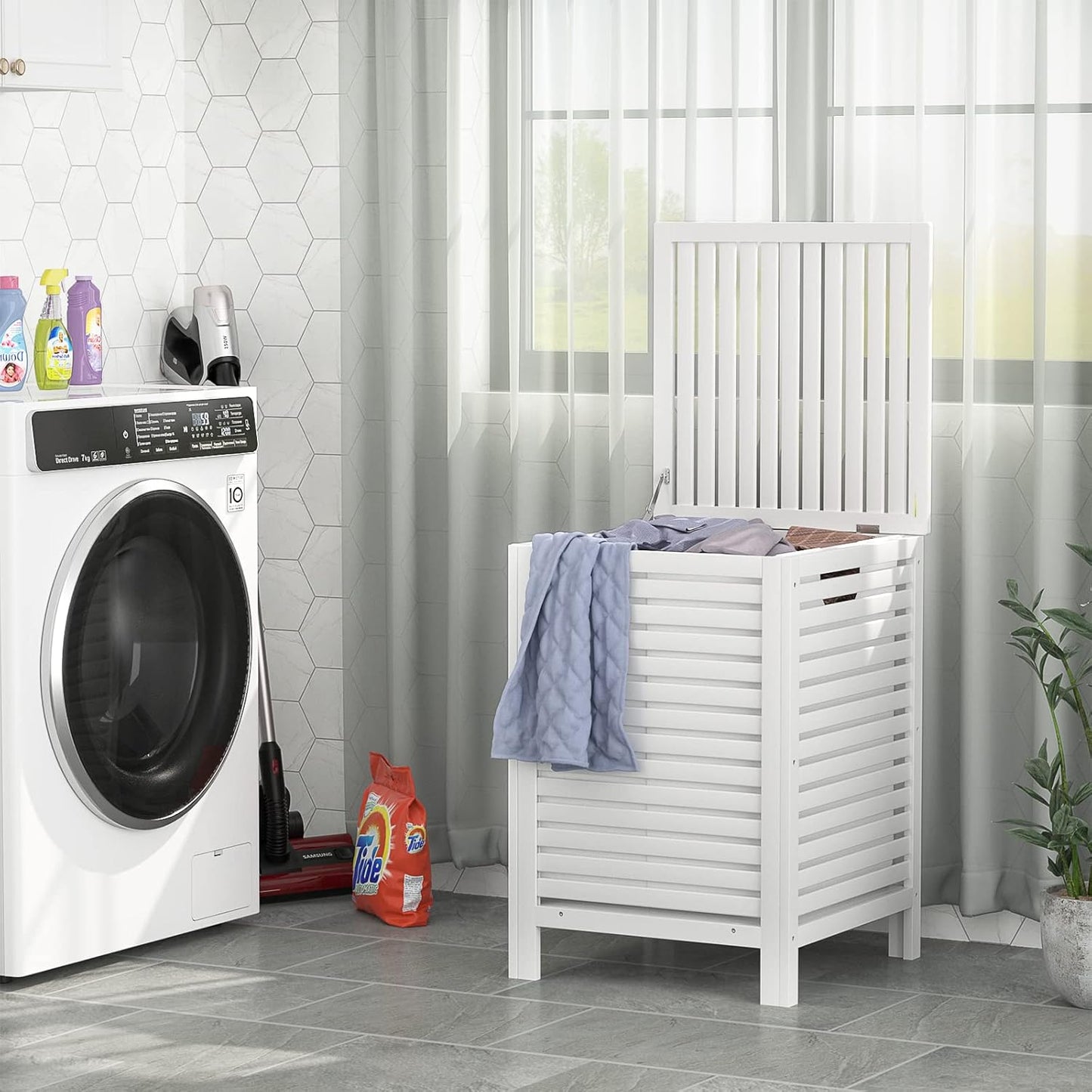 Homykic Bamboo Laundry Hamper with Lid, 120L Large Clothes Laundry Sorter with Removable 2-Section Liner Bag, Raised Laundry Basket Organizer for Clothing, Bathroom, Bedroom, Laundry Room, White