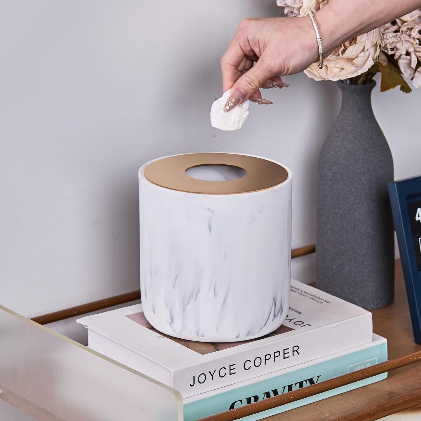 White Marble Textural Mini Trash Can with Rose Gold Stainless Steel Lid, Small Countertop Trash Can for Bathroom Kitchen,Desk Trash Can,Table top Mini Garbage Cans,Resin Tiny Waste Basket for Vanity