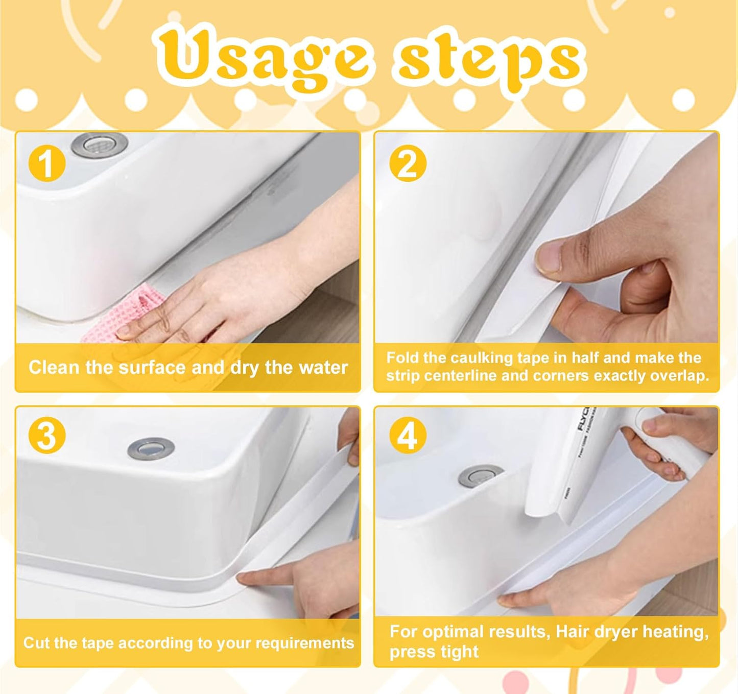 ABSOFINE Caulk Tape Waterproof Self Adhesive 1.97" x16.4Ft, White Toilet Caulk Sealant Tape, Shower Seal Strip for Kitchen, Countertop, Bathroom, Sink, Bathtub Toilet Edge Protector with Sealing Tool