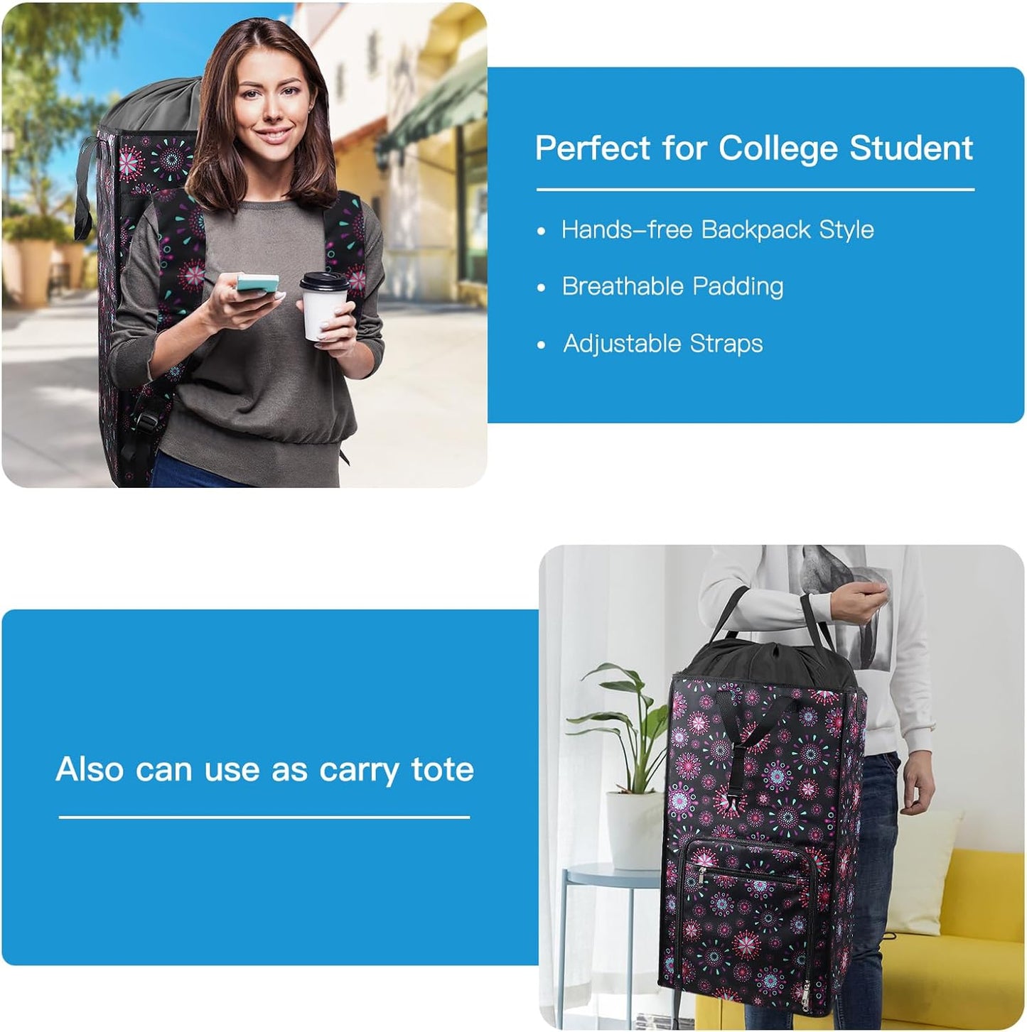 Bukere Laundry Backpack Bag for Women Girls, Extra Large Laundry Basket Hamper for College Dorm Room Essentials, Adjustable Shoulder Straps, Collapsible Freestanding Laundry Bag for Gym, Yacht