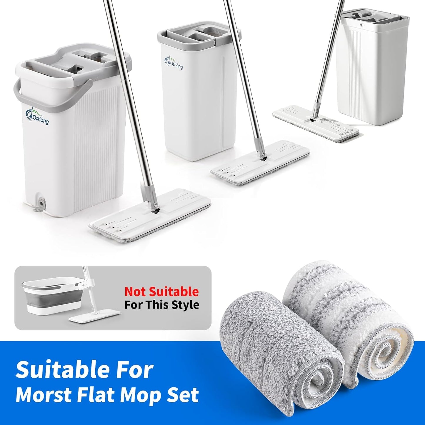 Oshang Flat Mop Head Refill, 13" X 4.9" Flat Mop Pads, Microfiber Mop Pads Flat Mop Replacement Heads (White and Grey)
