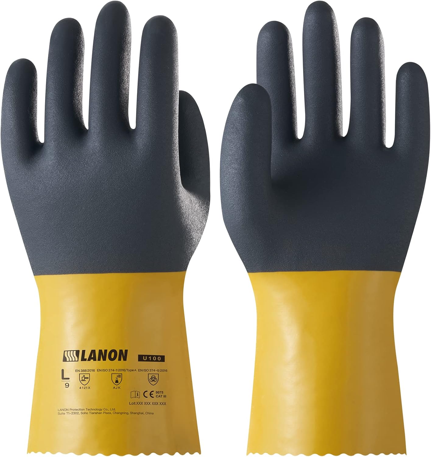 LANON 3 Pairs PVC Chemical Gloves, Thick Rubber Work Gloves, Heavy-Duty, EN 374/388, Acid, Alkali and Oil, Non-Slip, XL
