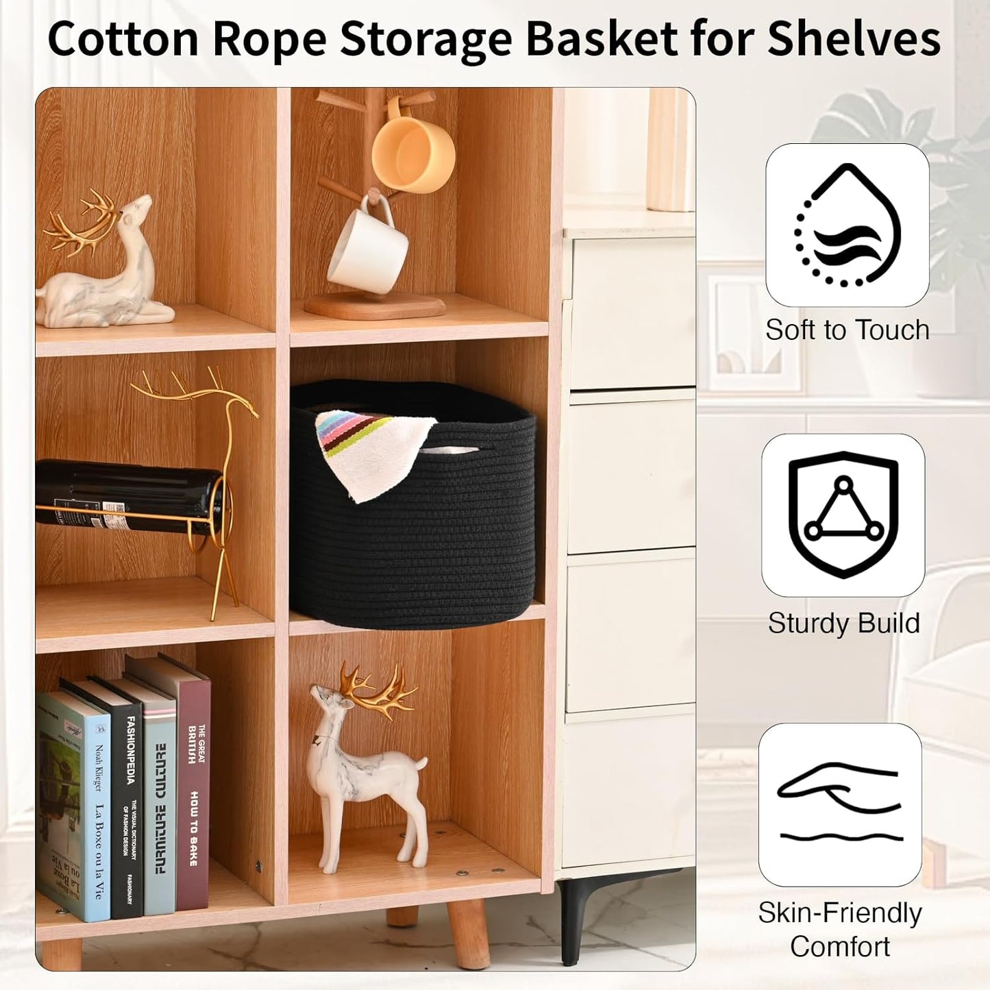 Woven Cotton Rope Storage Basket for Organizing, Cute Decorative Baskets for Gifts Empty, Organizer Bins for Dog Toy, Baby Laundry, 17“×13”×9.5“, Black