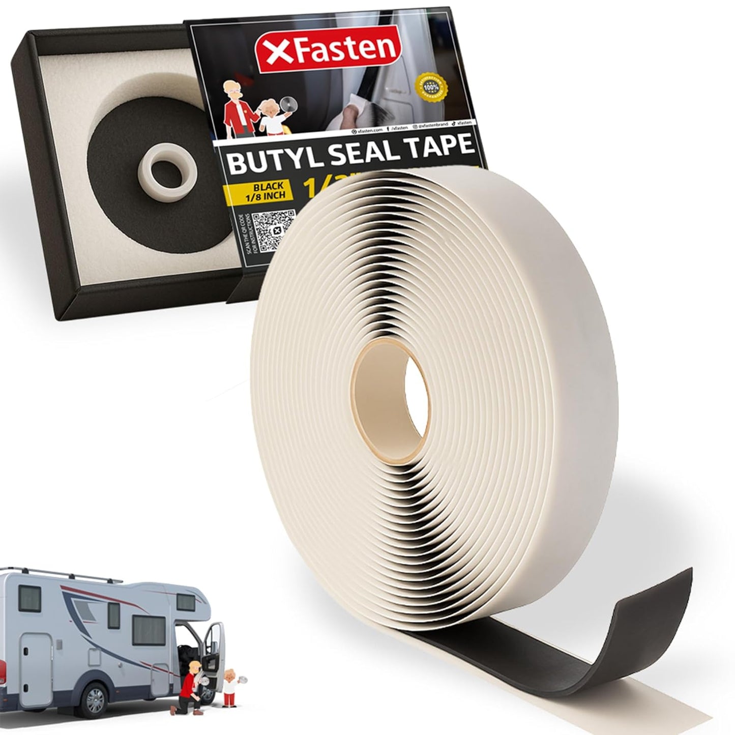 XFasten Butyl Tape Black, 1/2 in x 30 ft x 1/8 in – Easy-to-Work-with Automotive Butyl Sealant Tape, Mess-Free Rubber Caulk for RV, EPDM Putty for Window, Headlight, Roof, Windshield, and Car Doors