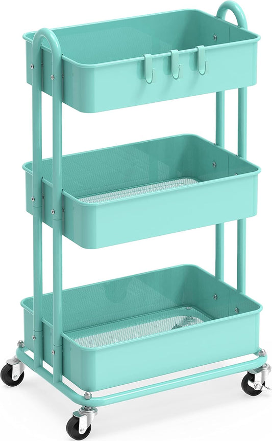 Simple Houseware 3-Tier Heavy Duty Metal Utility Rolling Cart, Turquoise