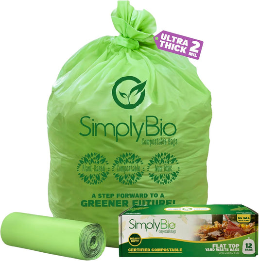 Simply Bio 60-65 Gallon Compostable Trash Bags Liners Flat-Top, Heavy Duty Extra Thick 2 Mil, 242.27 Liter, 12 Bags, Lawn, Yard, and Restaurant Use, ASTM D6400, US BPI, OK Compost Home Certified