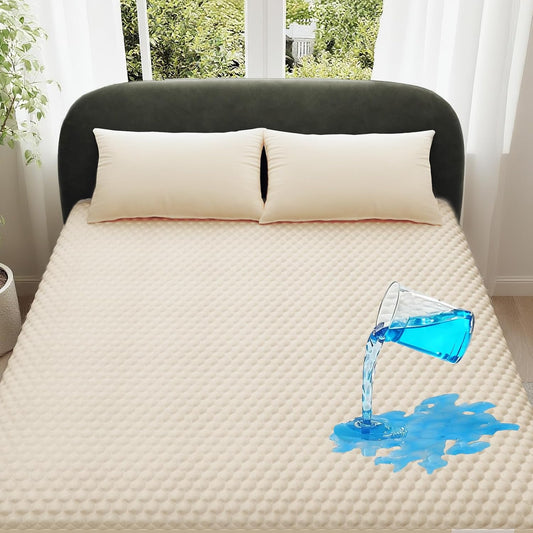 OhGeni 100% Waterproof Mattress Protector, Queen Size Mattress Pad, Fits 6"-20" Mattresses with Deep Pocket, Cooling, Breathable Fitted Sheets, Soft Bed Cover, Noiseless, Machine Washable, Beige