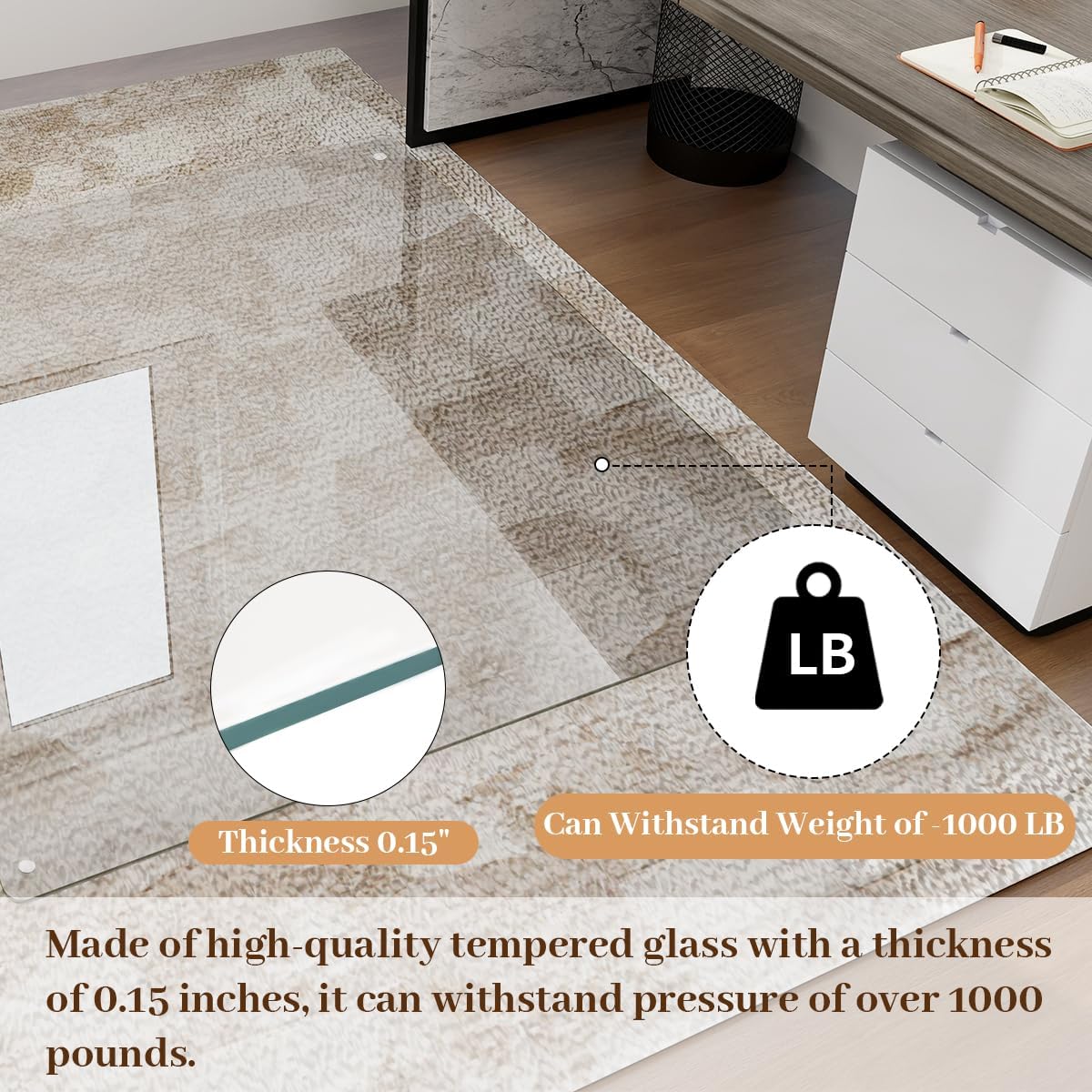 Tempered Glass Floor Mat for Office Chair, 36" x 46" Heavy Duty Hard Office Chair Mat, for Carpeted or Hard Floor, with 4 Anti-Slip Pads, Transparent