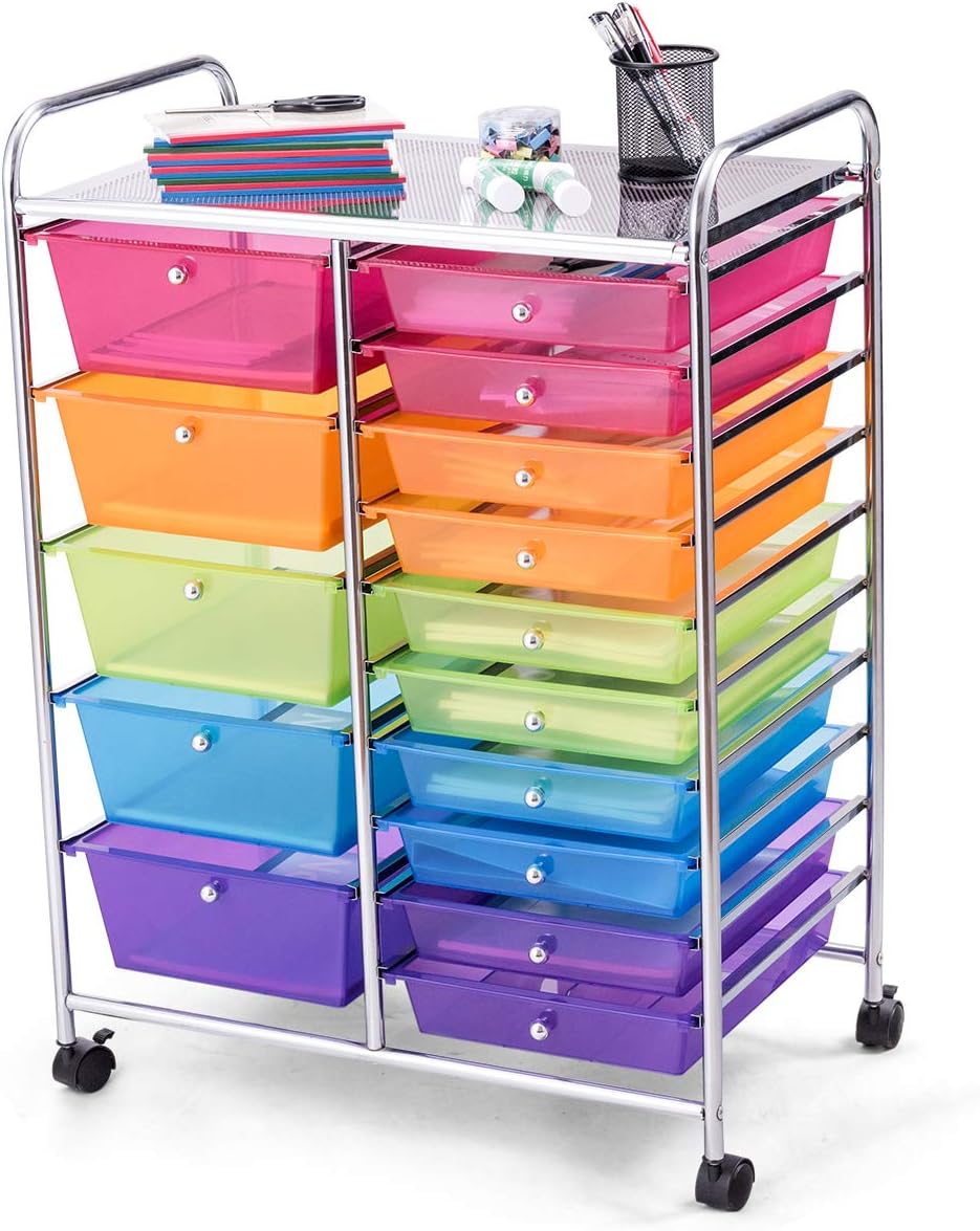 GOFLAME 15-Drawer Rolling Storage Cart, Multipurpose Movable Organizer Cart, Utility Cart for Home, Office, School, Rainbow