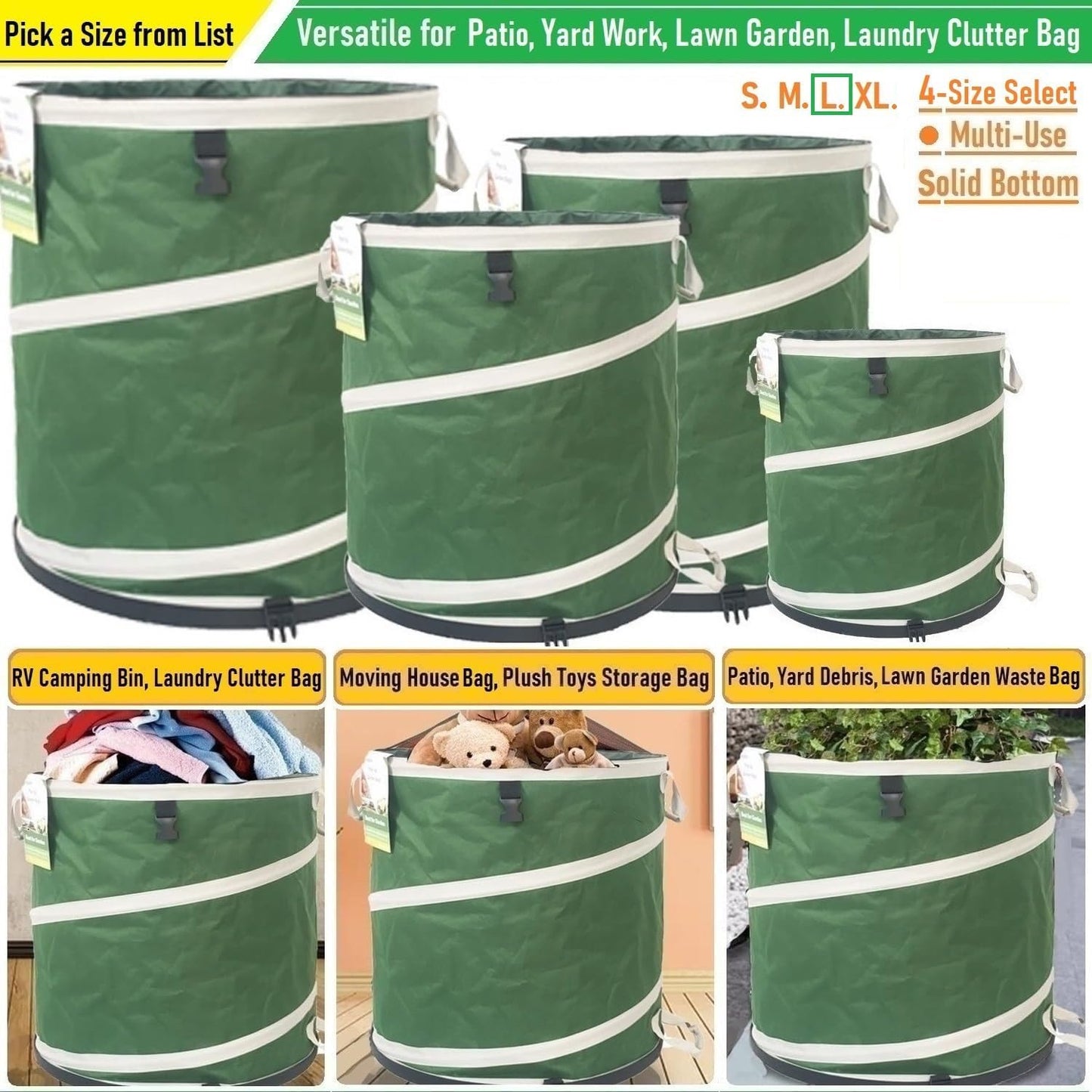 32-Gallon Collapsible Trash Can (19x25 in) Hard-Shell Bottom Yard Garden Bag for Pop-Up Recycling Bin,Yard Waste,Debris bag,Laundry Hamper,RV Camping Waste Bin,Lawn Grass,Leaf Bag,Sods,Weeds Barrel