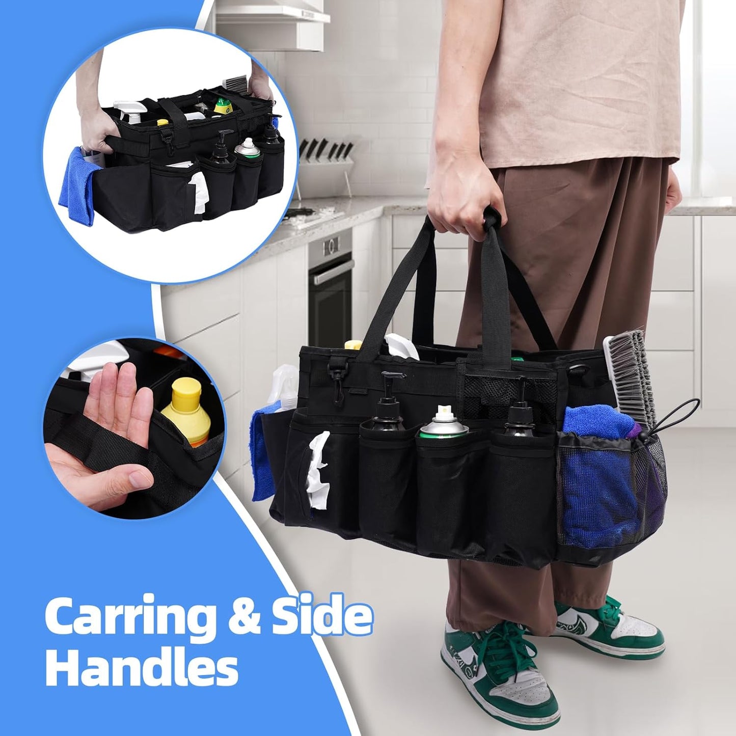 Large Cleaning Supplies Bags for Housekeepers, Professional Wearable Cleaning Supply Caddy for House Cleaners Detail Car Cleaning Supplies Organizer Tote with Handle, Black