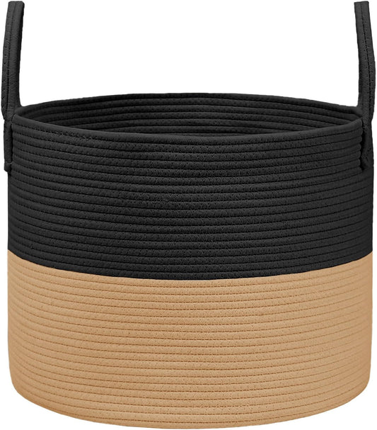 Woven Blanket Basket,65L Large Rope Storage Bin with Handles, Organizer for Blankets Toys Book and Clothes, Laundry Basket for Living Room Bedroom Nursery,Black&Jute