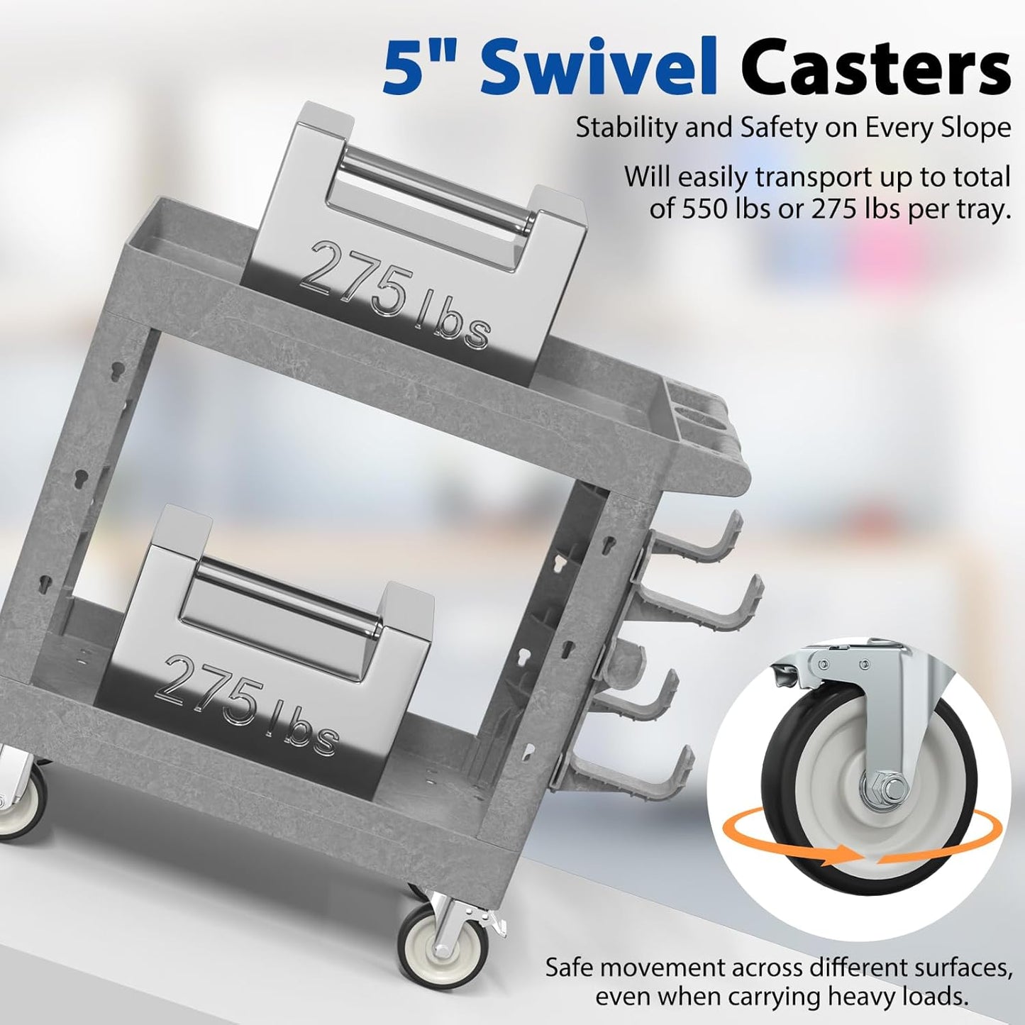 Heavy Duty Rolling Utility Cart with Wheels 2 Tier Utility Plastic Service Work Cart for Shop, Garage, Warehouse, Maintenance 550 lbs